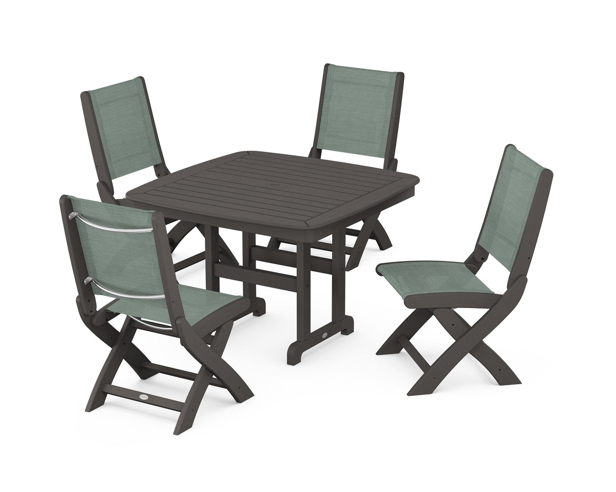POLYWOOD Coastal Folding Side Chair 5-Piece Dining Set with Nautical 44" Dining Table in Vintage Coffee / Dupioni Sea Mist