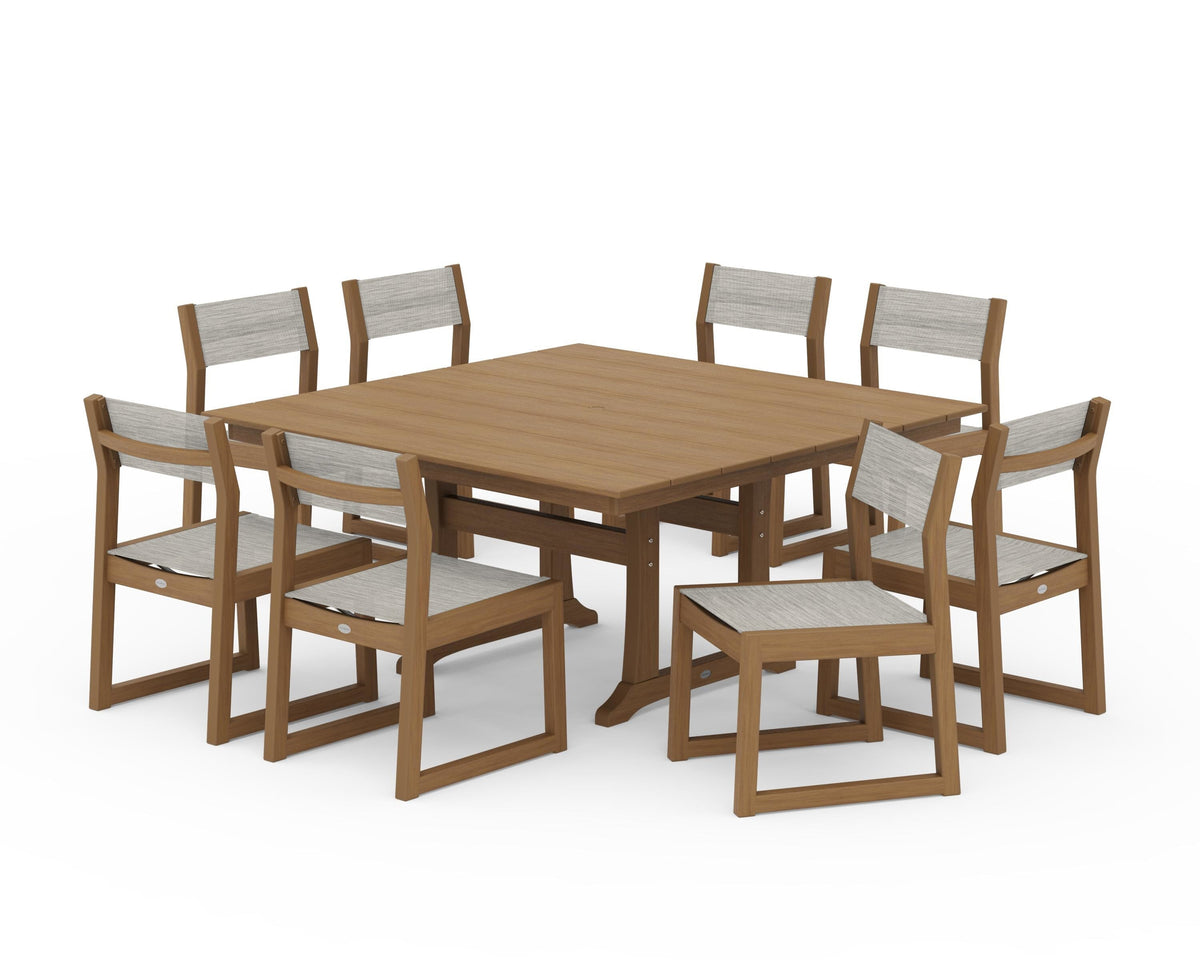 POLYWOOD EDGE Sling Side Chair 9-Piece Farmhouse Trestle Dining Set in Natural / Birch