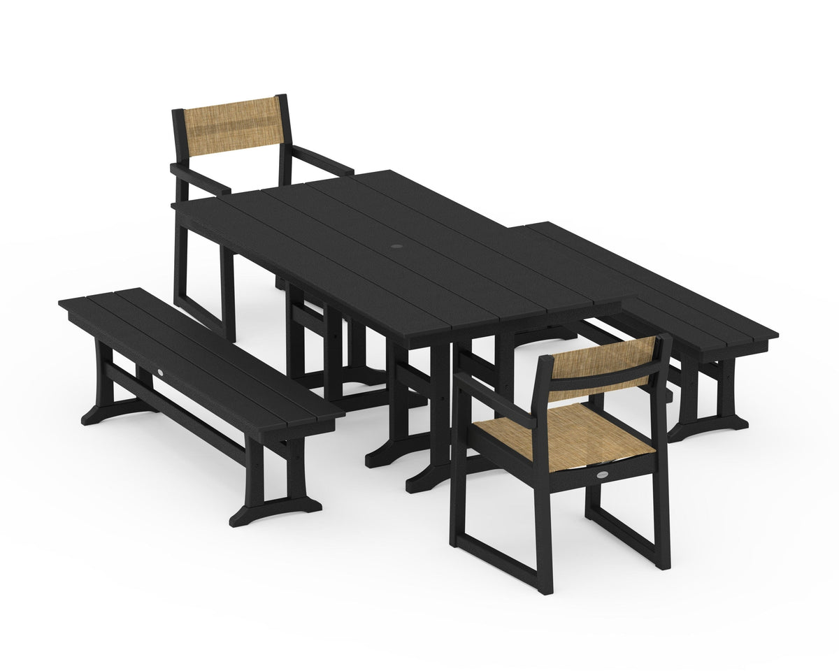 POLYWOOD EDGE Sling Arm Chair 5-Piece Farmhouse Dining Set with Benches in Black / Burlap