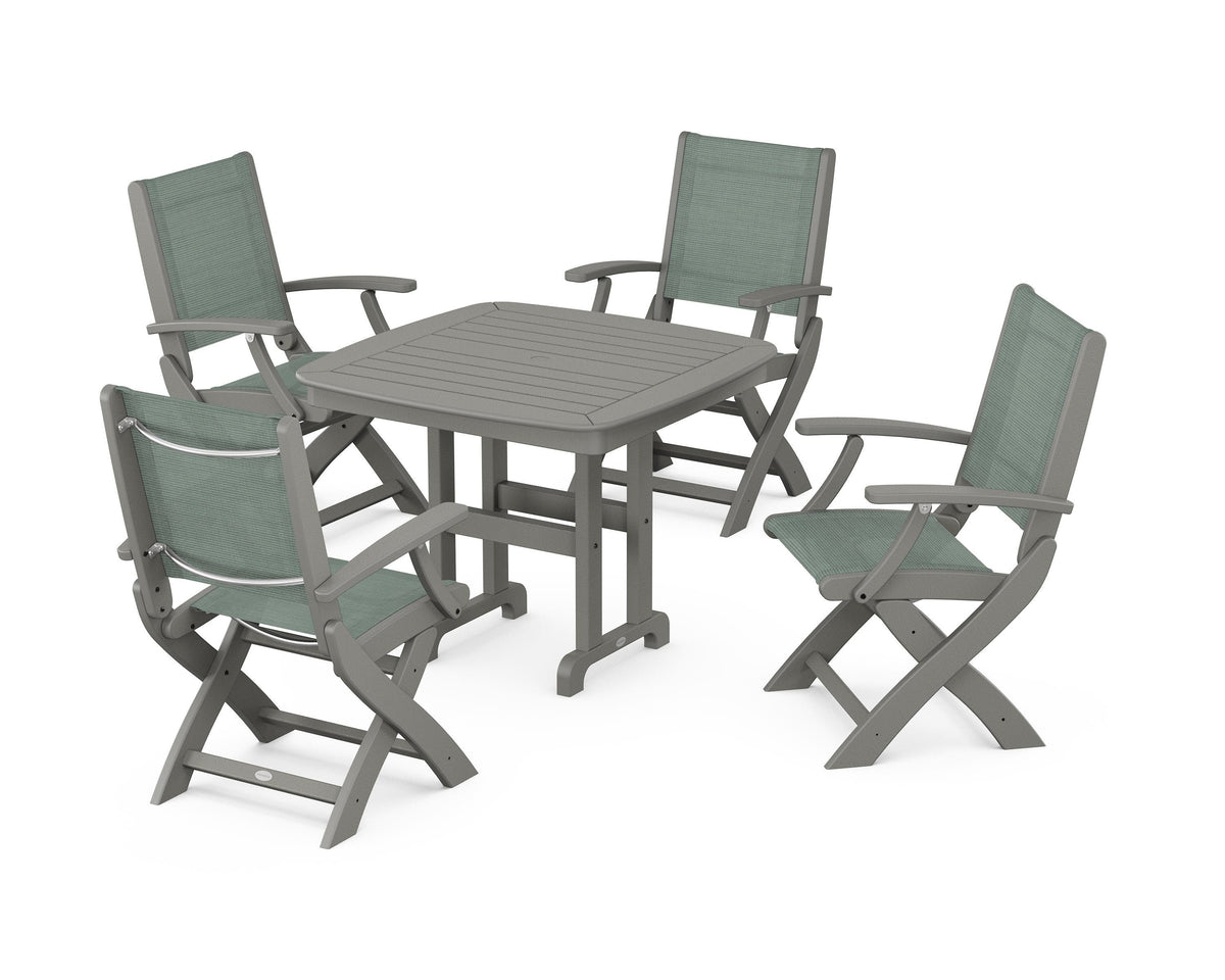 POLYWOOD Coastal Folding Chair 5-Piece Dining Set with Nautical 37" Dining Table in Slate Grey / Dupioni Sea Mist