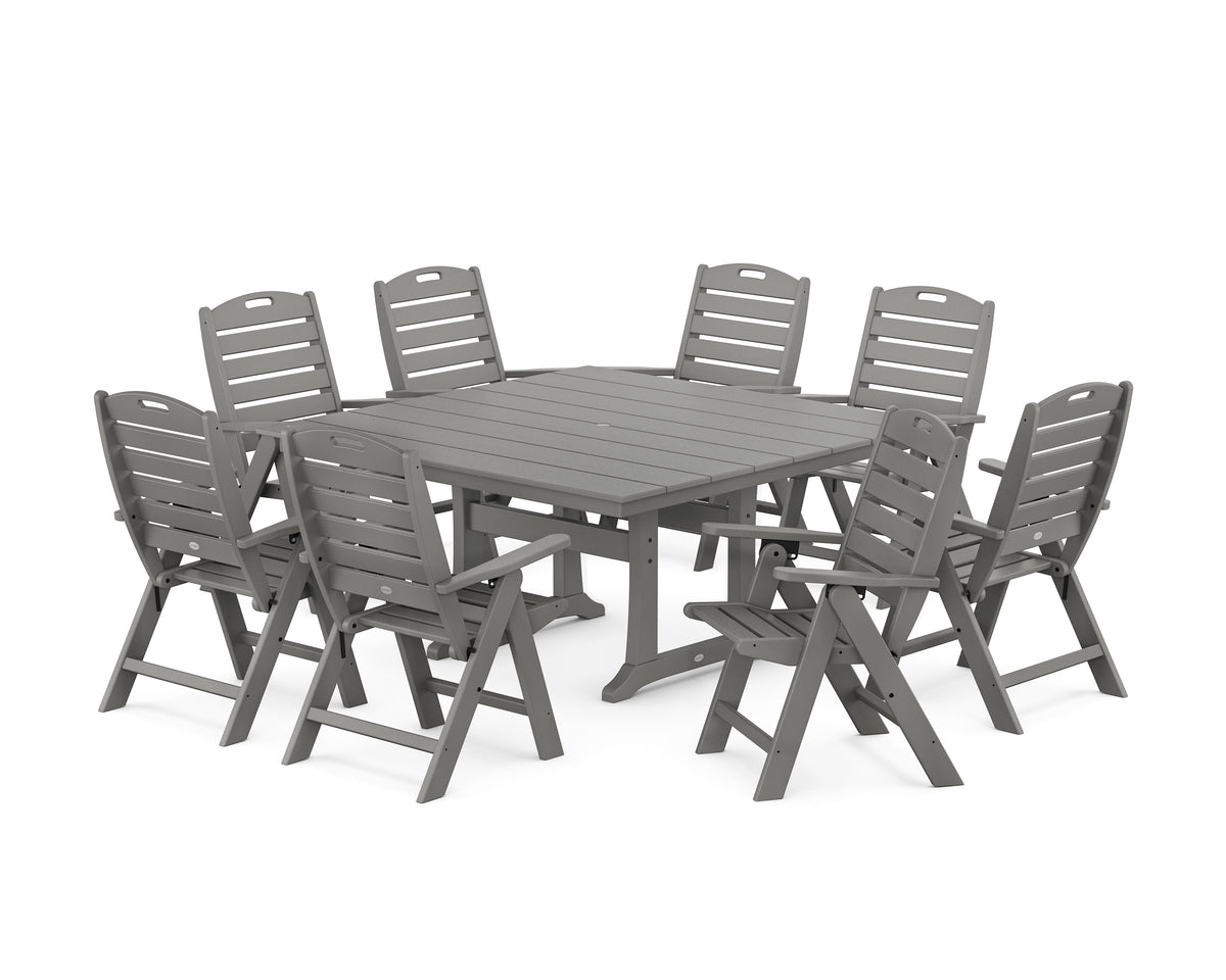 POLYWOOD Nautical Highback 9-Piece Square Farmhouse Dining Set with Trestle Legs in Slate Grey