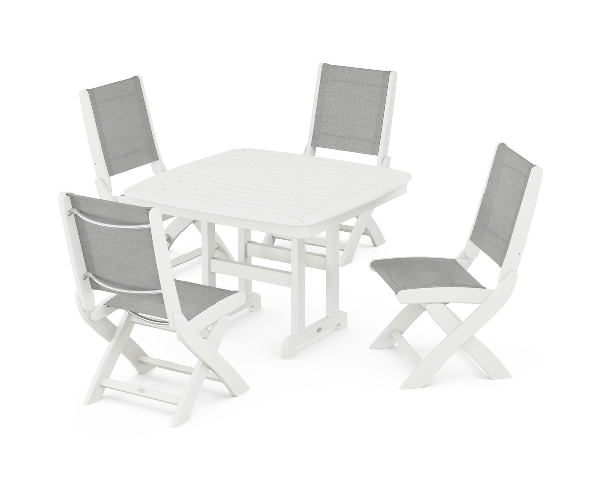 POLYWOOD Coastal Folding Side Chair 5-Piece Dining Set with Nautical 44" Dining Table in Vintage White / Metallic