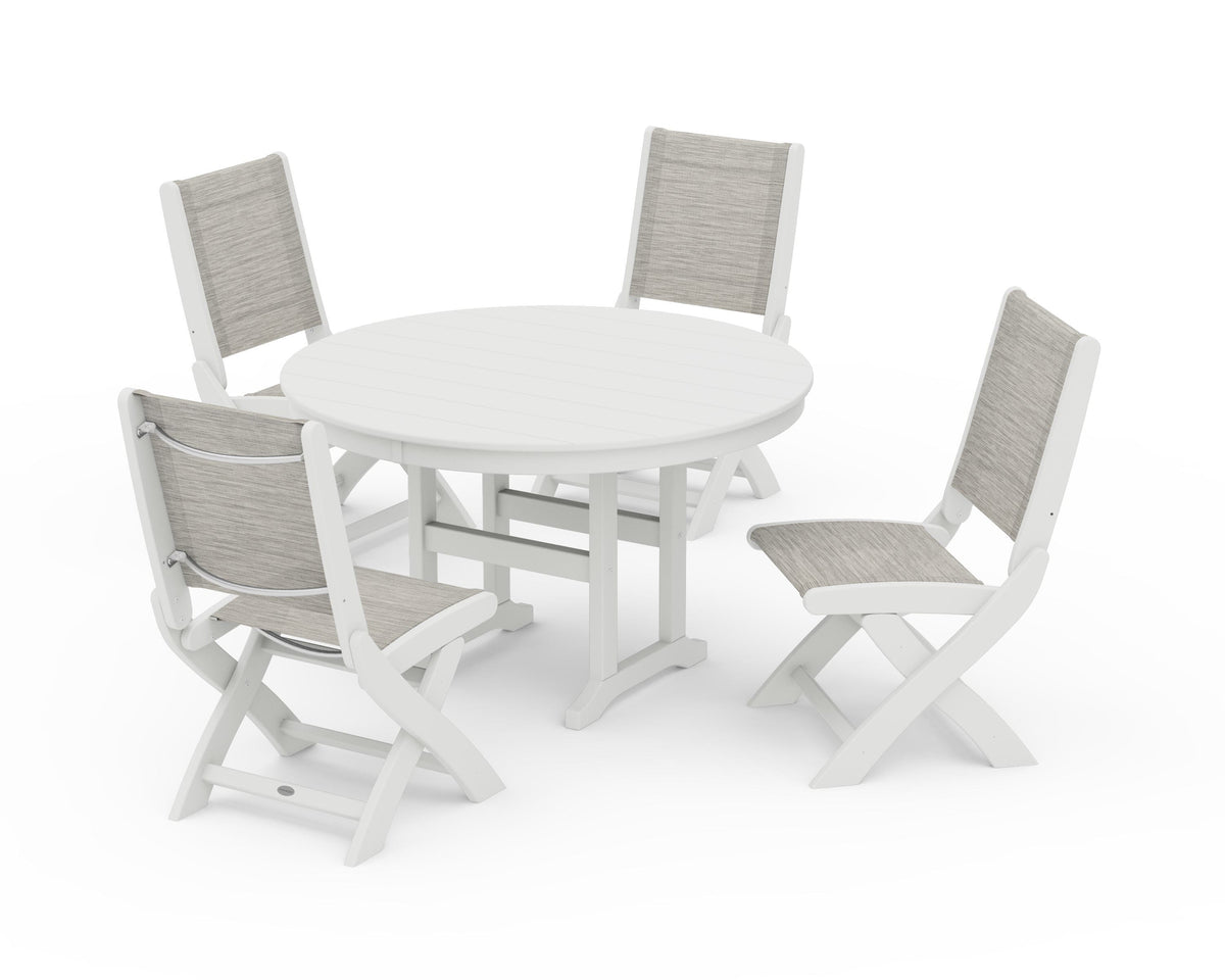 POLYWOOD Coastal Folding Side Chair 5-Piece Round Dining Set in Vintage White / Birch