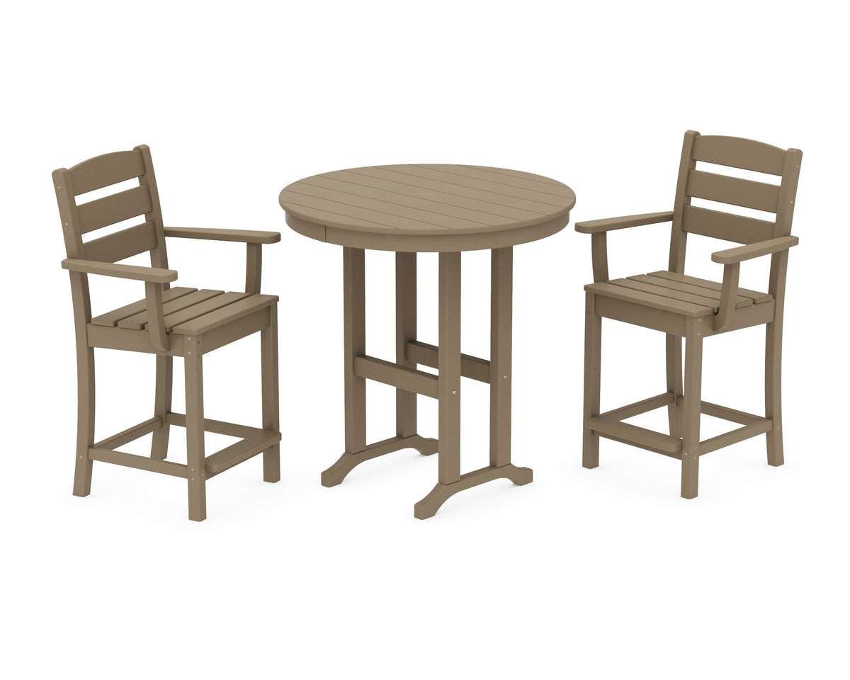 POLYWOOD Lakeside 3-Piece Round Farmhouse Arm Chair Counter Set in Vintage Sahara