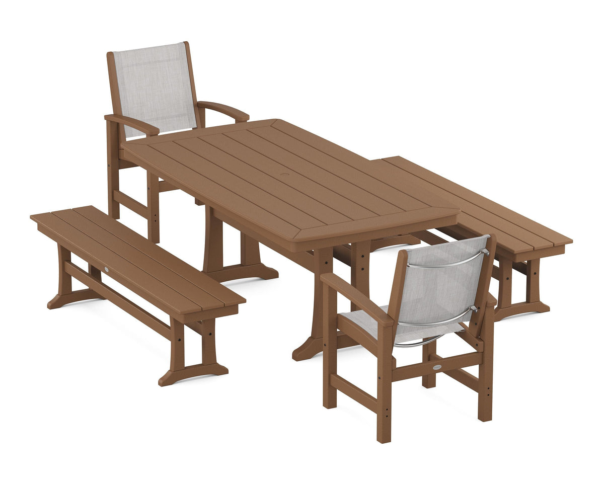 POLYWOOD Coastal 5-Piece Dining Set with Trestle Legs and Benches in Teak / Parchment