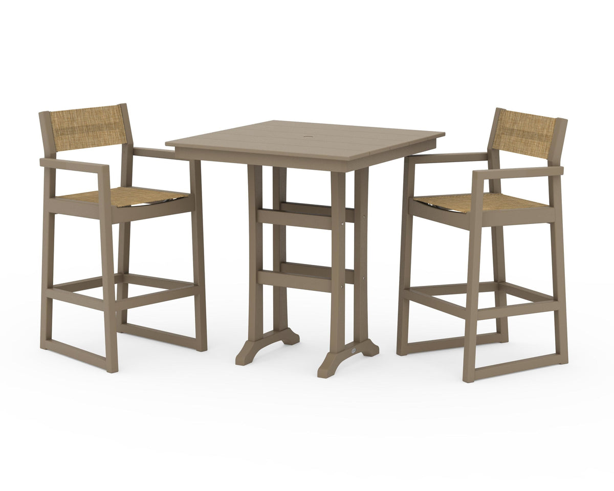 POLYWOOD EDGE Sling Arm Chair 3-Piece Farmhouse Bar Set with Trestle Legs in Vintage Sahara / Burlap