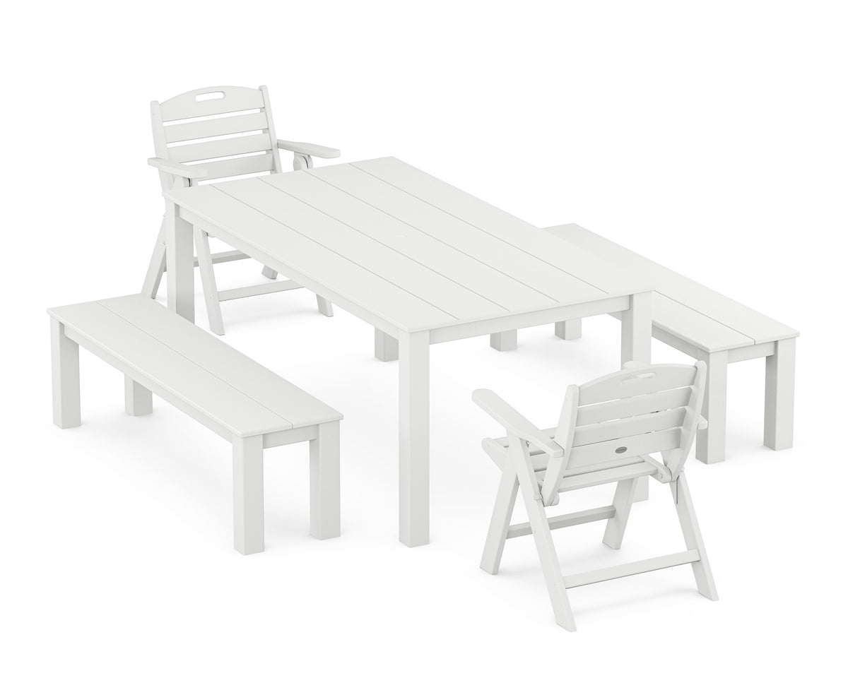 POLYWOOD Nautical Folding Lowback Chair 5-Piece Parsons Dining Set with Benches in White