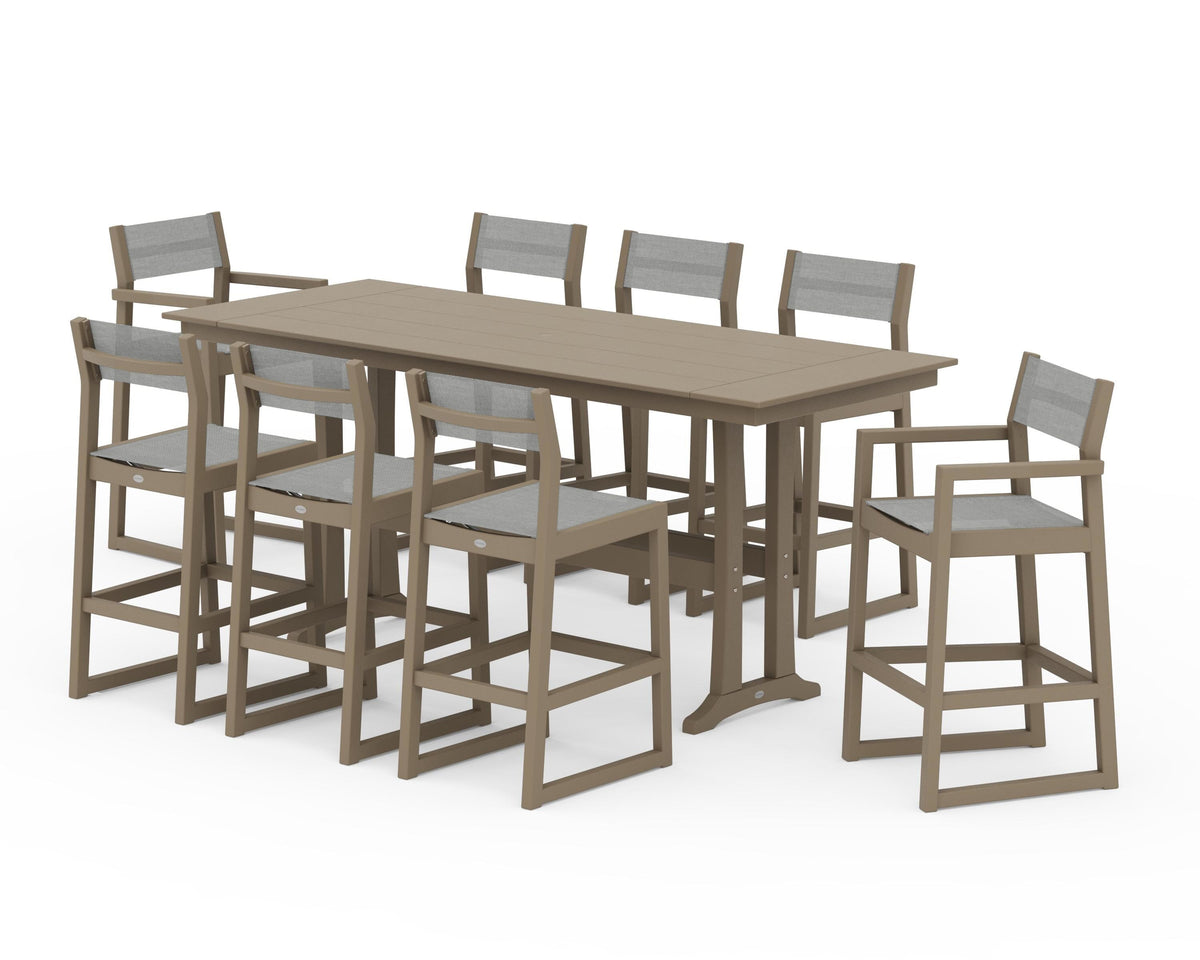 POLYWOOD EDGE Sling 9-Piece Farmhouse Bar Set with Trestle Legs in Vintage Sahara / Metallic