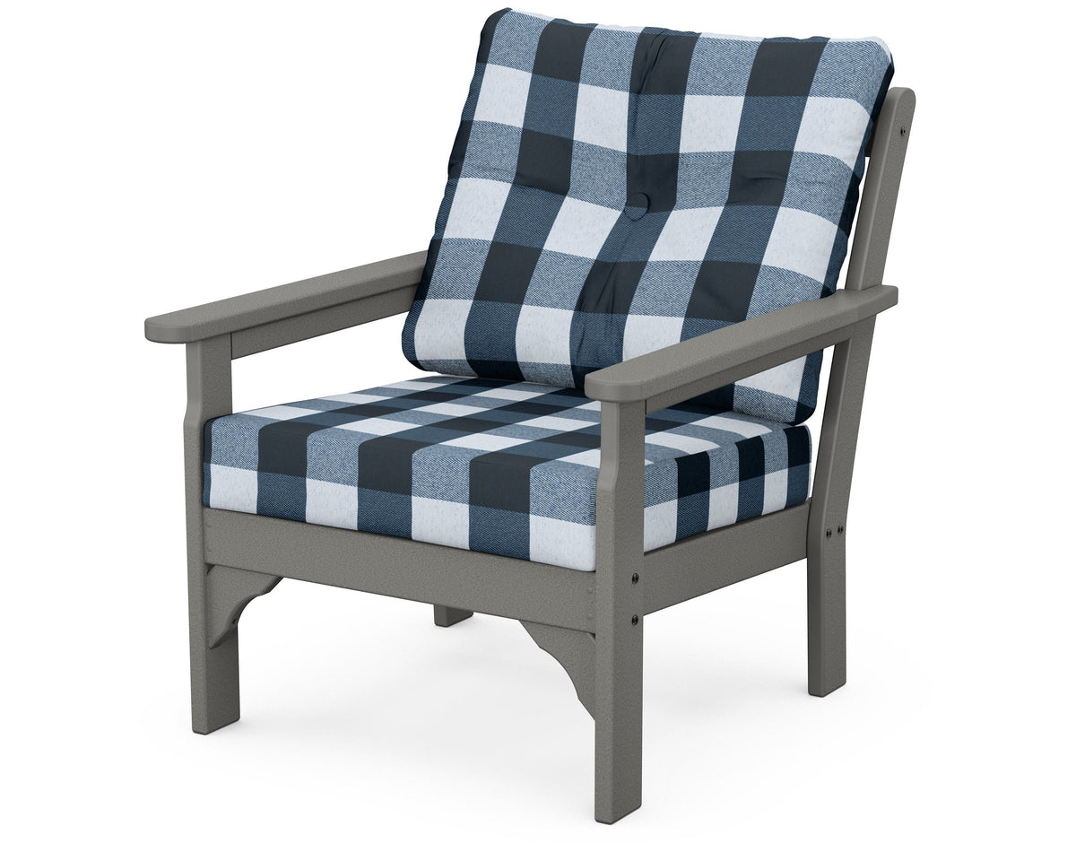 POLYWOOD Vineyard Deep Seating Chair in Slate Grey / Buffalo Plaid Marine Indigo