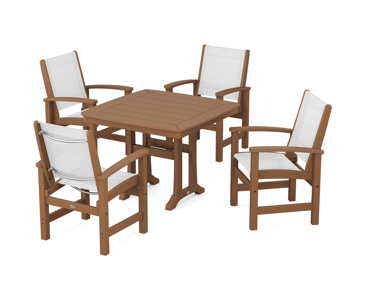 POLYWOOD Coastal 5-Piece Dining Set with Trestle Legs with Nautical Trestle 37" Dining Table in Teak / White