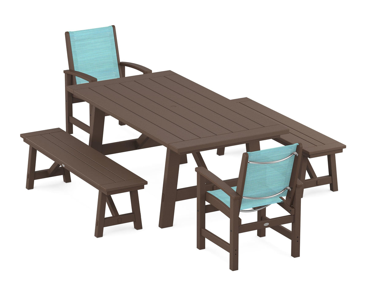 POLYWOOD Coastal 5-Piece Rustic Farmhouse Dining Set With Benches in Mahogany / Dupioni Aquamarine
