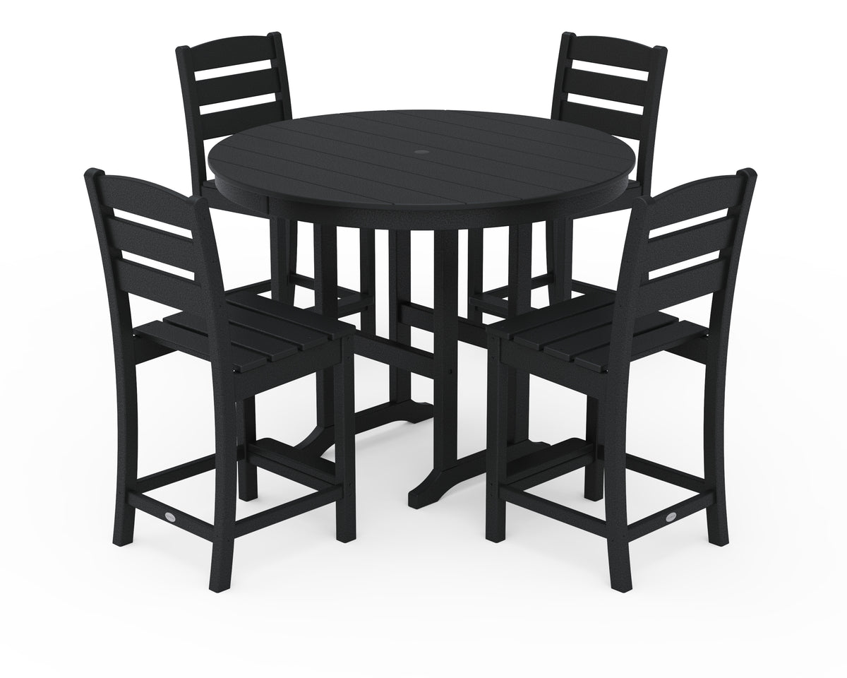 POLYWOOD Lakeside 5-Piece Farmhouse Round Side Chair Counter Set in Black