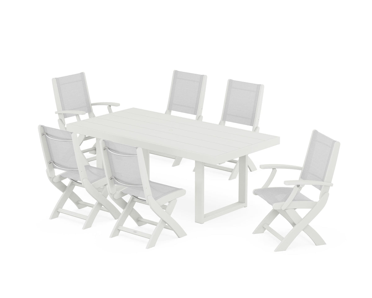POLYWOOD Coastal Folding Chair 7-Piece Dining Set with Trestle Legs with EDGE 40" x 78" Dining Table in Vintage White / White