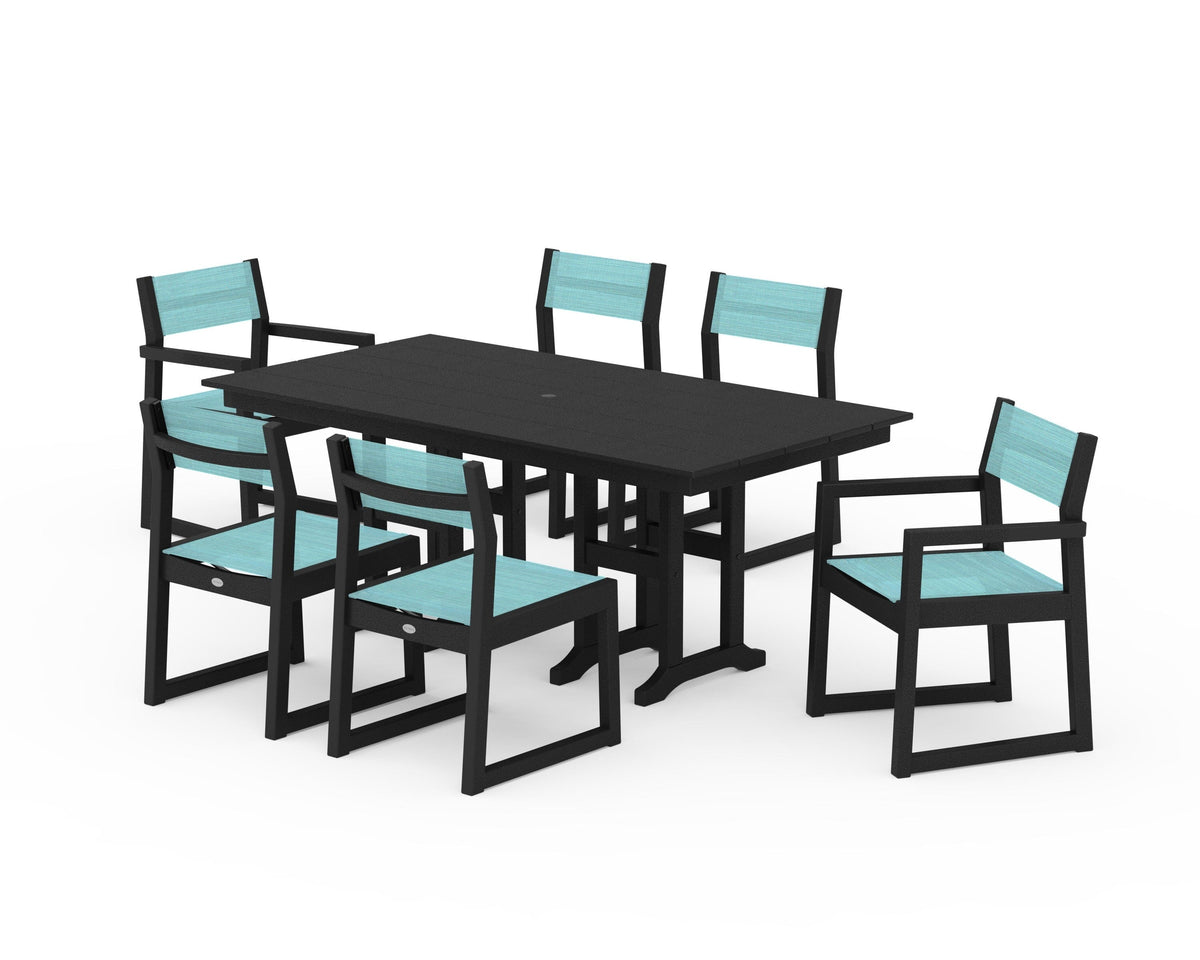 POLYWOOD EDGE Sling 7-Piece Farmhouse Dining Set in Black / Dupioni Aquamarine