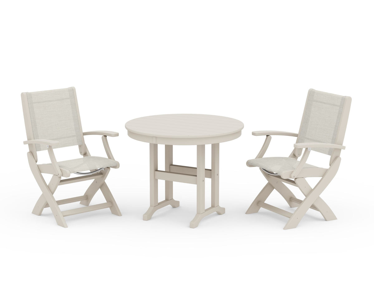 POLYWOOD Coastal Folding Chair 3-Piece Round Dining Set in Sand / Parchment