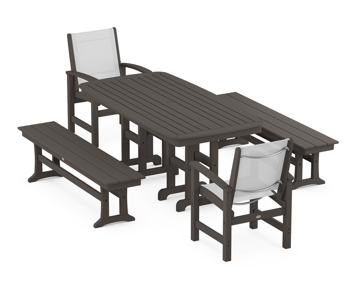 POLYWOOD Coastal 5-Piece Dining Set with Nautical 37" x 72" Dining Table in Vintage Coffee / White