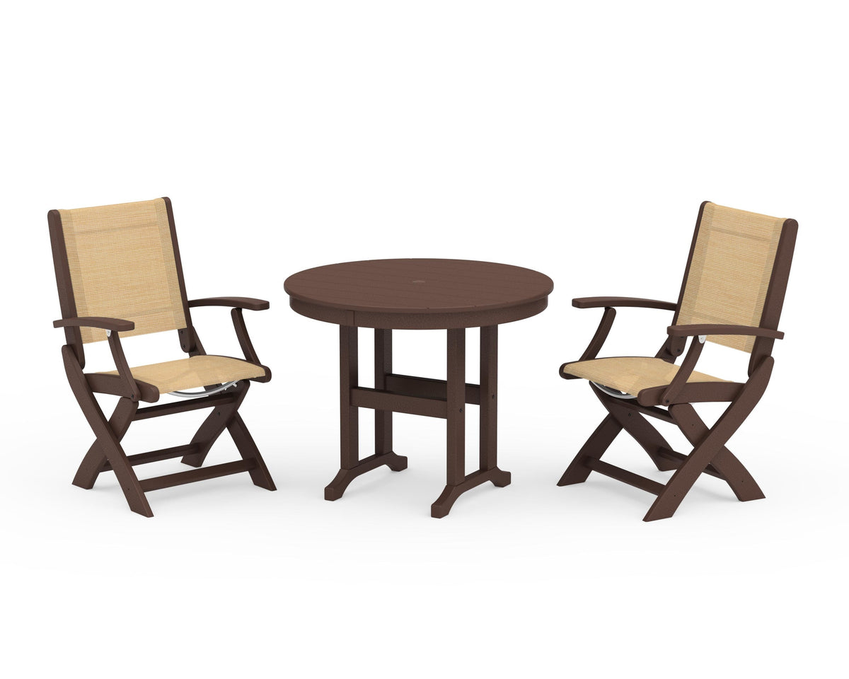 POLYWOOD Coastal Folding Chair 3-Piece Round Dining Set in Mahogany / Dupioni Apricot
