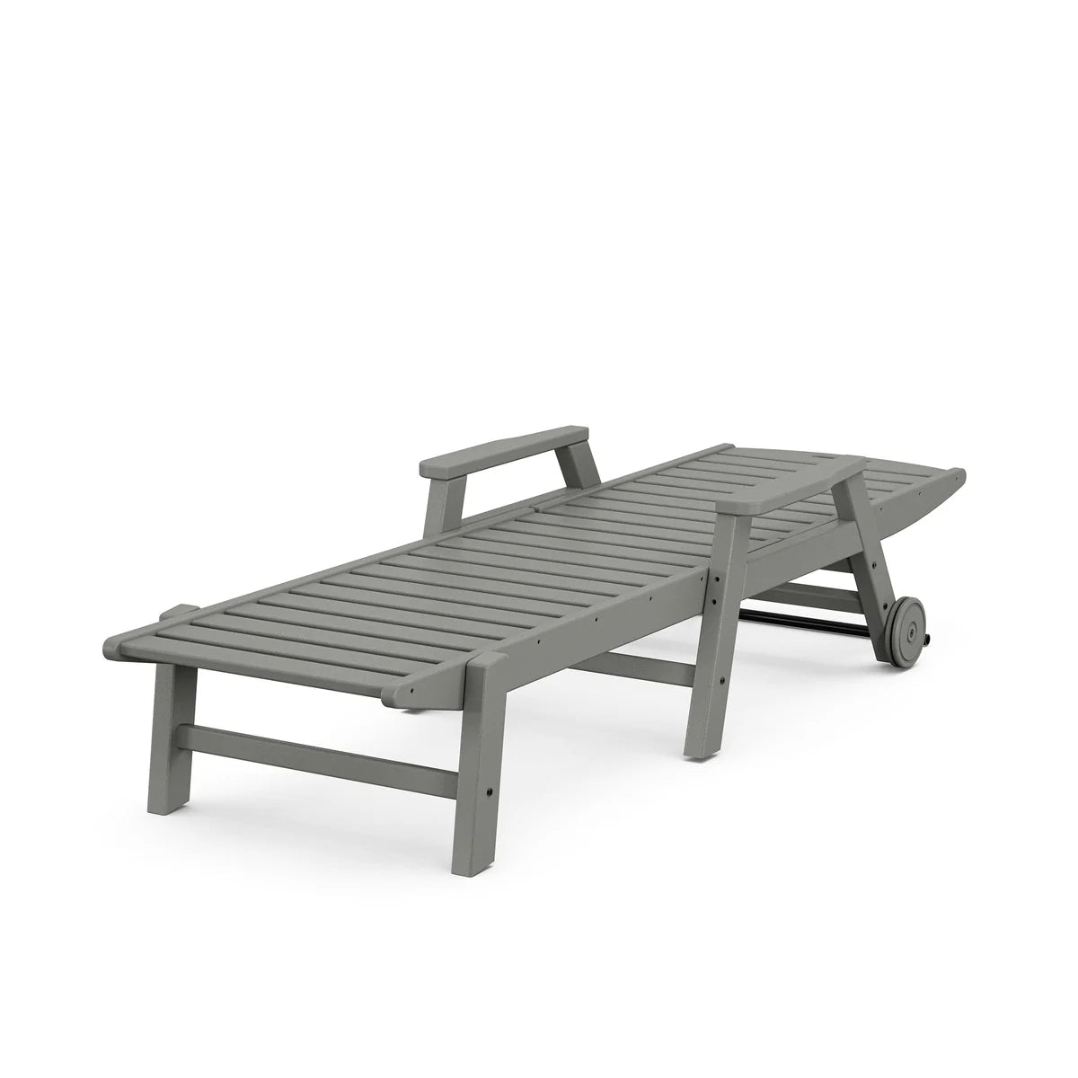 Gray outdoor lounge chair fully reclined with wheels on a white background
