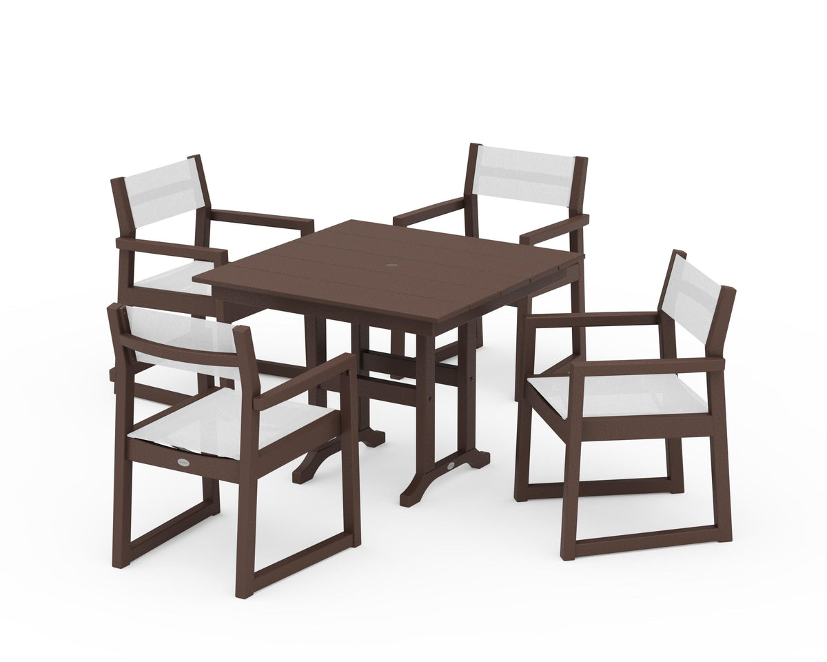 POLYWOOD EDGE Sling Arm Chair 5-Piece Farmhouse Dining Set in Mahogany / White