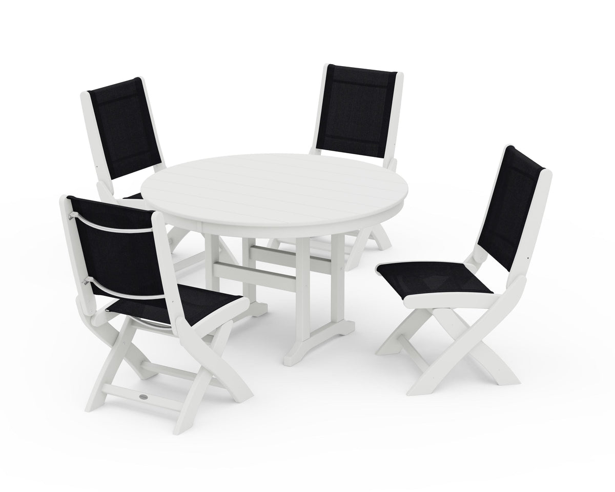 POLYWOOD Coastal Folding Side Chair 5-Piece Round Dining Set in Vintage White / Black