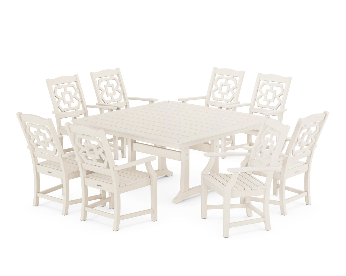 POLYWOOD Chinoiserie 9-Piece Square Dining Set with Trestle Legs in Sand