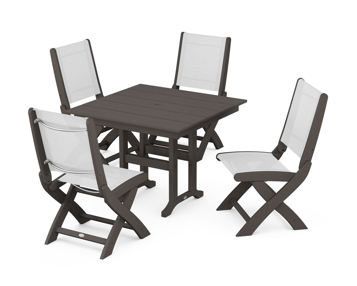 POLYWOOD Coastal Folding Side Chair 5-Piece Farmhouse Dining Set in Vintage Coffee / White