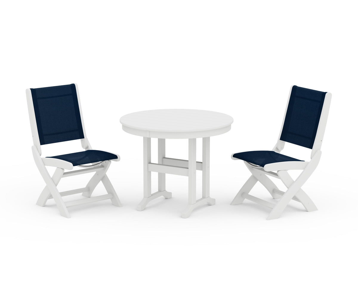 POLYWOOD Coastal Folding Side Chair 3-Piece Round Dining Set in White / Navy Blue