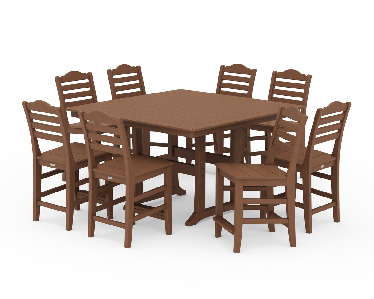 POLYWOOD Savannah Side Chair 9-Piece Square Counter Set with Trestle Legs in Teak