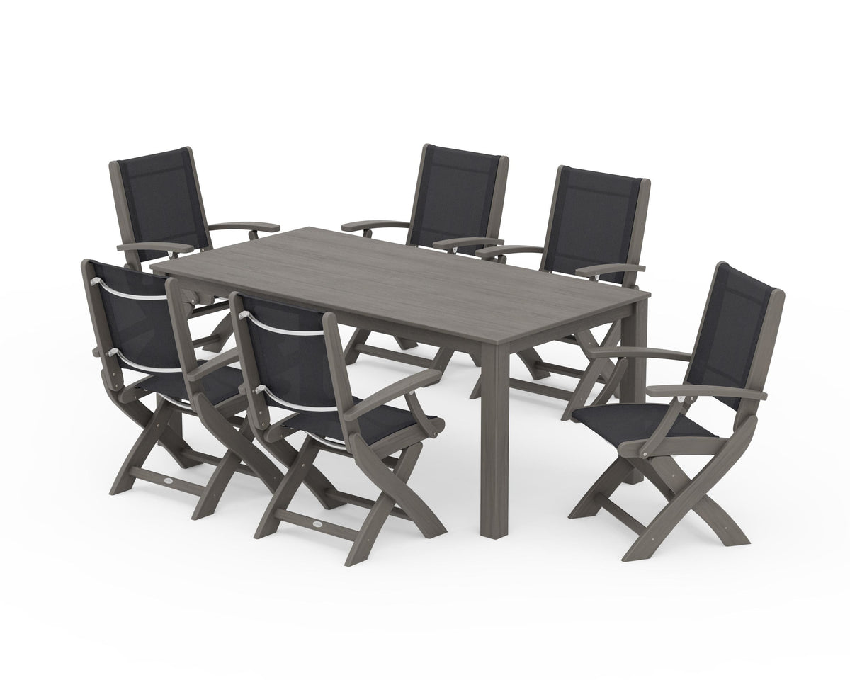 POLYWOOD Coastal Folding Chair 7-Piece Parsons Dining Set in Driftwood / Black