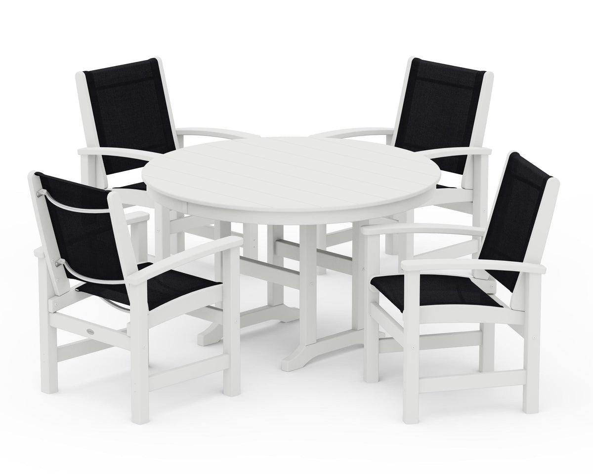 POLYWOOD Coastal 5-Piece Round Farmhouse Dining Set in Vintage White / Black