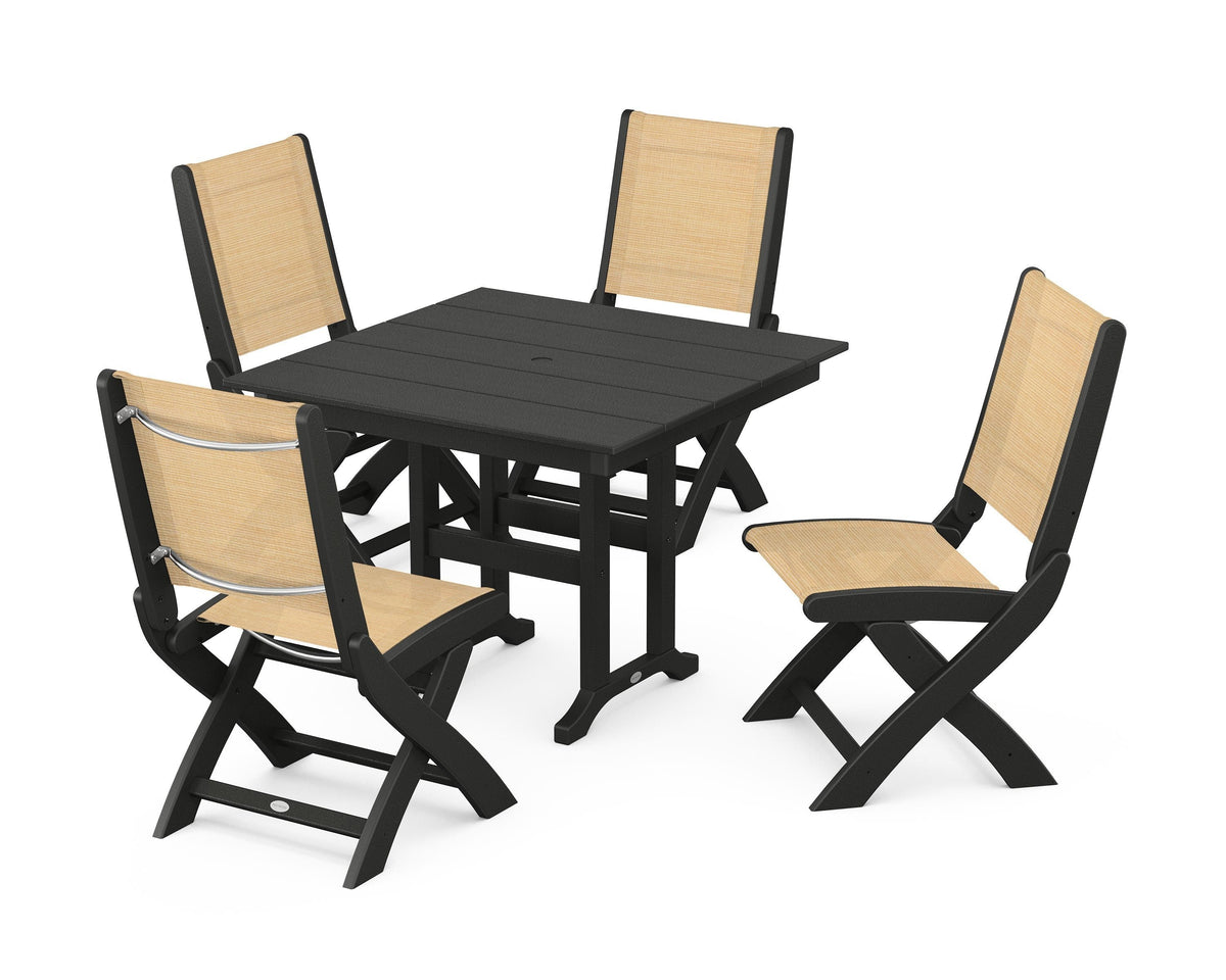 POLYWOOD Coastal Folding Side Chair 5-Piece Farmhouse Dining Set in Black / Dupioni Apricot