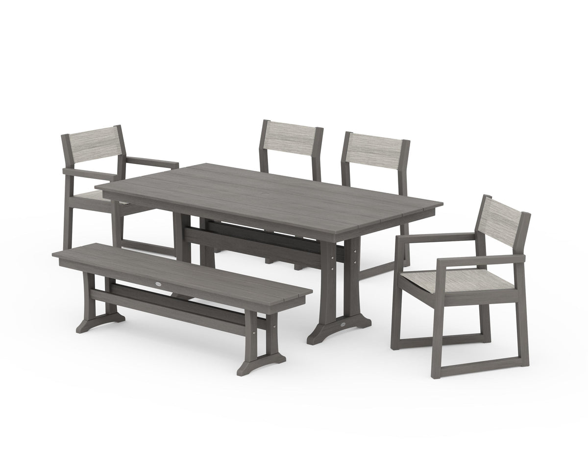 POLYWOOD EDGE Sling 6-Piece Farmhouse Dining Set With Trestle Legs in Driftwood / Birch