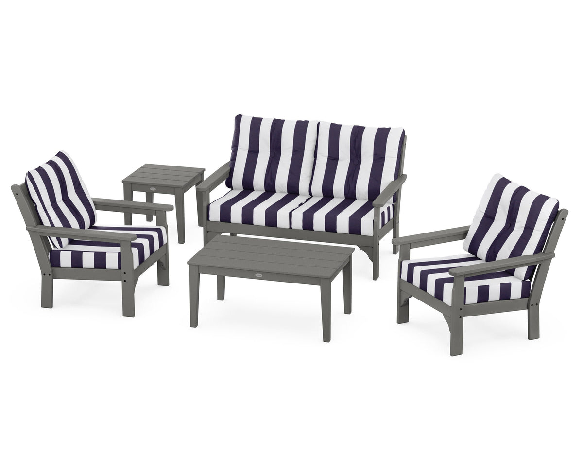 POLYWOOD Vineyard 5-Piece Deep Seating Set with Two Chairs and Loveseat in Slate Grey / Cabana Stripe Navy