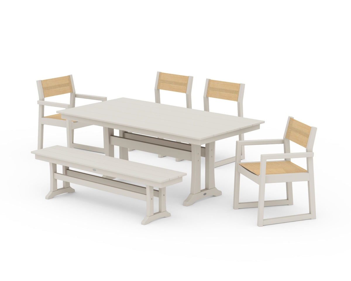 POLYWOOD EDGE Sling 6-Piece Farmhouse Dining Set With Trestle Legs in Sand / Dupioni Apricot