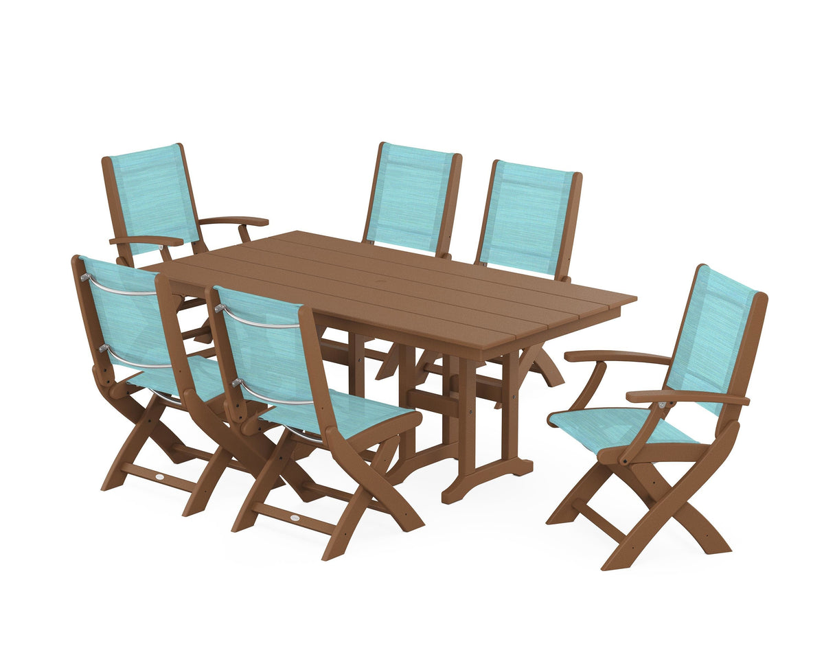 POLYWOOD Coastal Folding Chair 7-Piece Farmhouse Dining Set in Teak / Dupioni Aquamarine