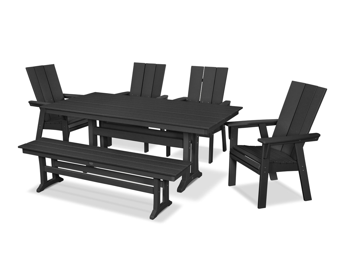 POLYWOOD Modern Curveback Adirondack 6-Piece Farmhouse Dining Set with Trestle Legs and Bench - 37" x 72" Table in Black