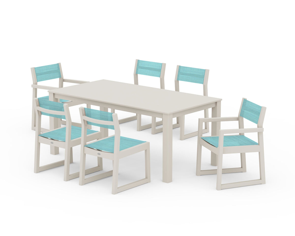 POLYWOOD EDGE Sling 7-Piece Parsons Dining Set in Sand / Dupioni Aquamarine