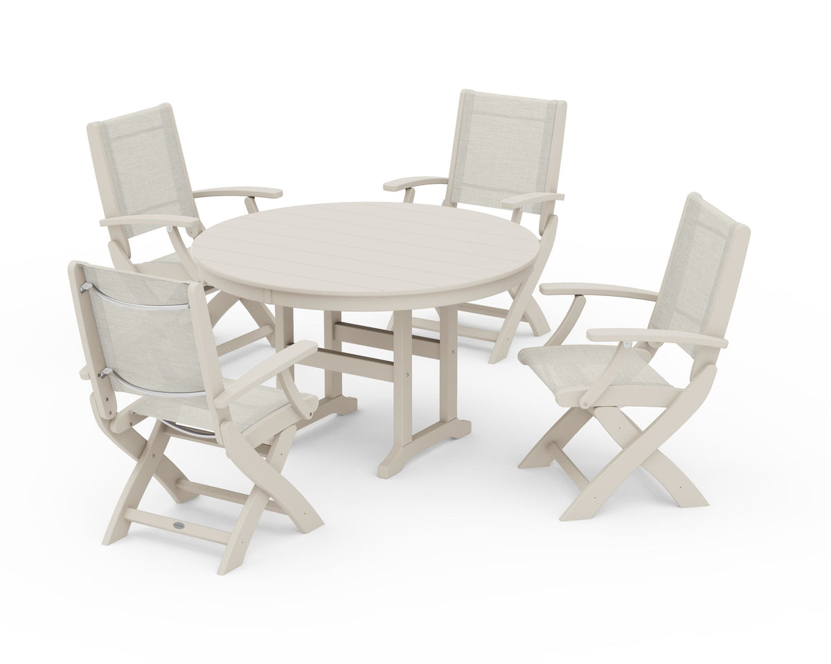 POLYWOOD Coastal Folding Chair 5-Piece Round Dining Set in Sand / Parchment