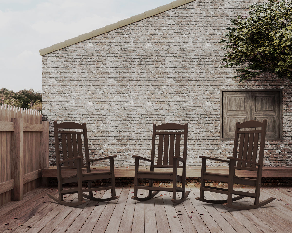Lifestyle photo of the POLYWOOD Presidential Rocking Chair in Mahogany