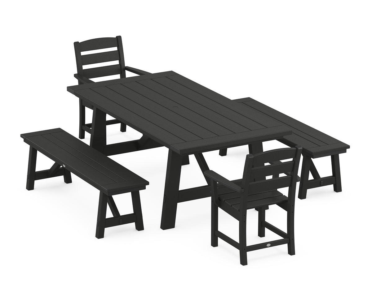 POLYWOOD Lakeside 5-Piece Rustic Farmhouse Dining Set with Benches in Black
