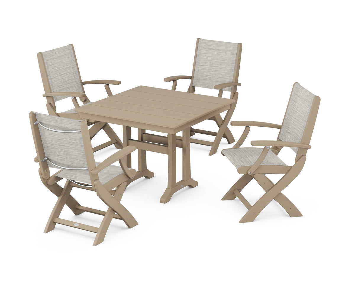 POLYWOOD Coastal Folding Chair 5-Piece Farmhouse Dining Set With Trestle Legs in Vintage Sahara / Birch