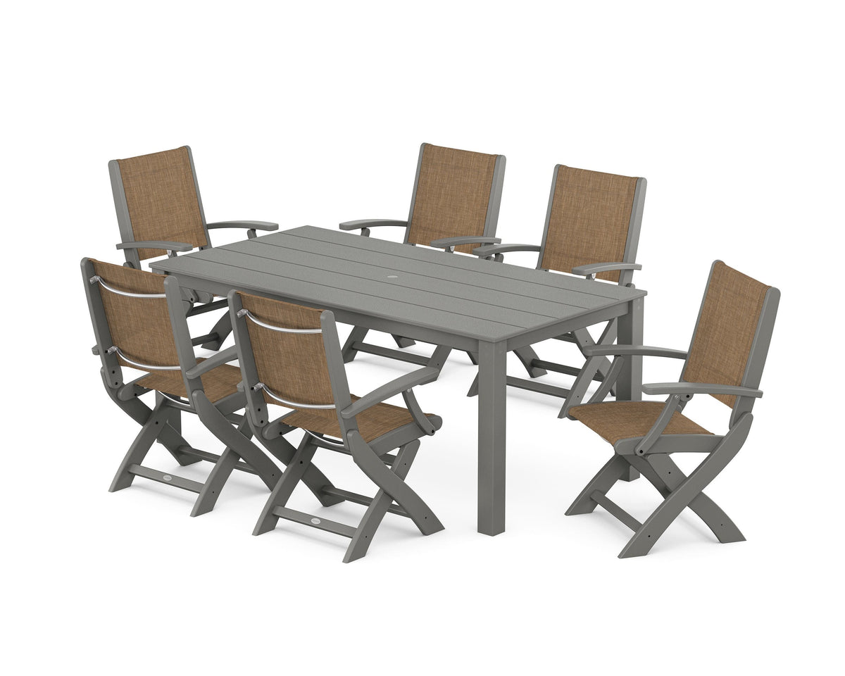 POLYWOOD Coastal Folding Chair 7-Piece Parsons Dining Set in Slate Grey / Burlap