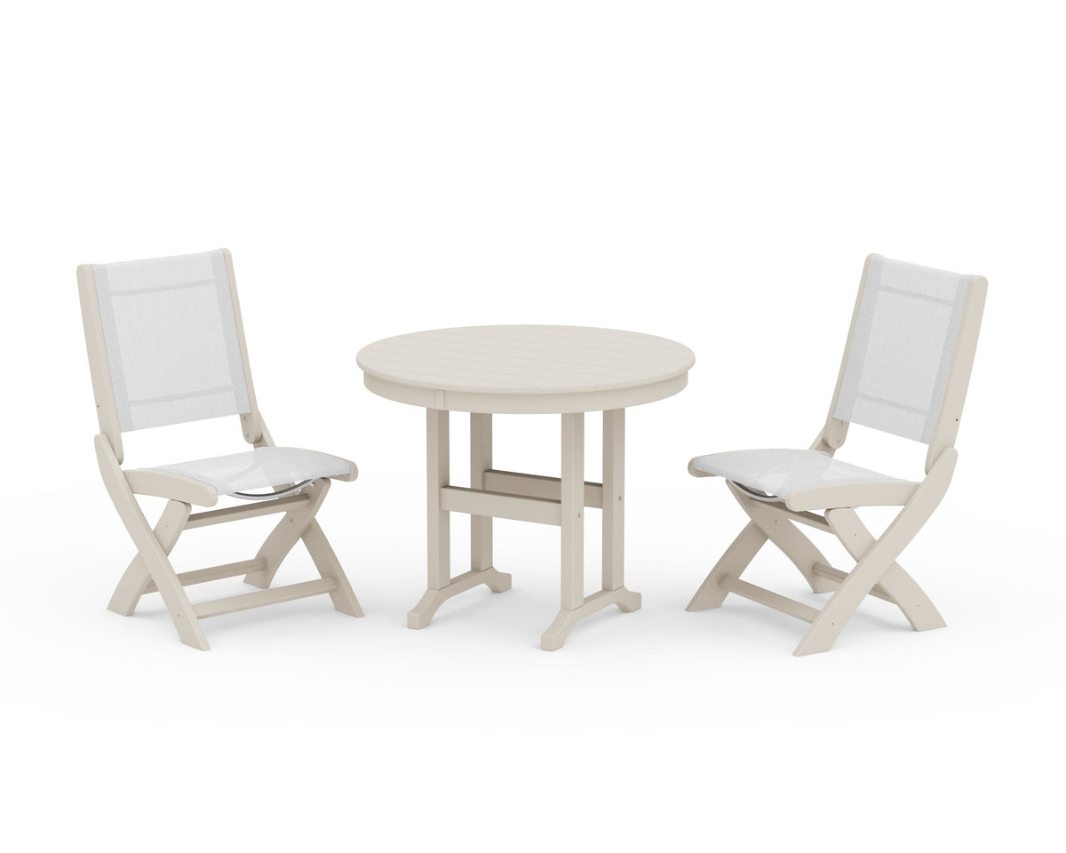POLYWOOD Coastal Folding Side Chair 3-Piece Round Dining Set in Sand / White