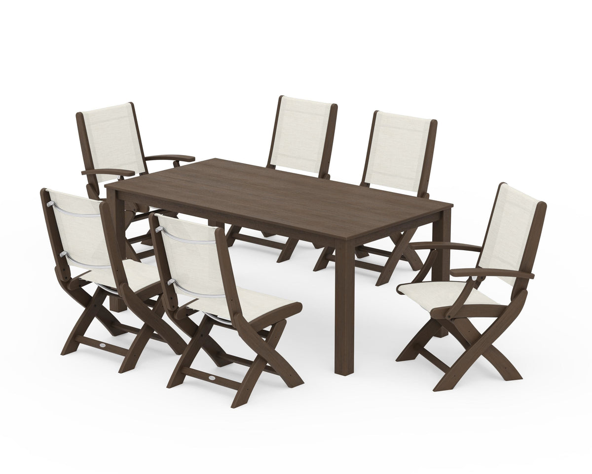 POLYWOOD Coastal Folding Chair 7-Piece Parsons Dining Set with Coastal Folding Side Chair in Kona / Parchment