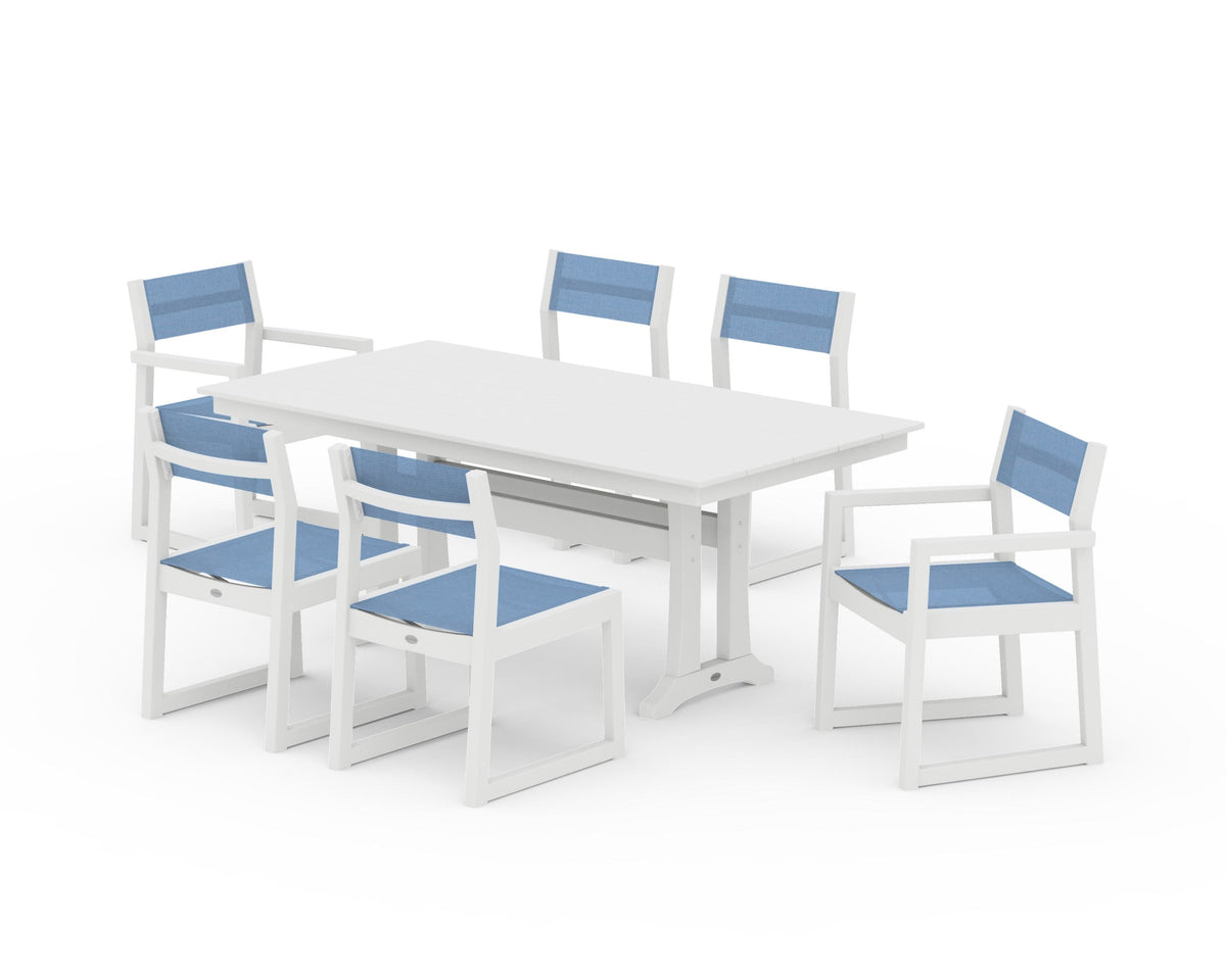 POLYWOOD EDGE Sling 7-Piece Farmhouse Trestle Dining Set in White / Poolside