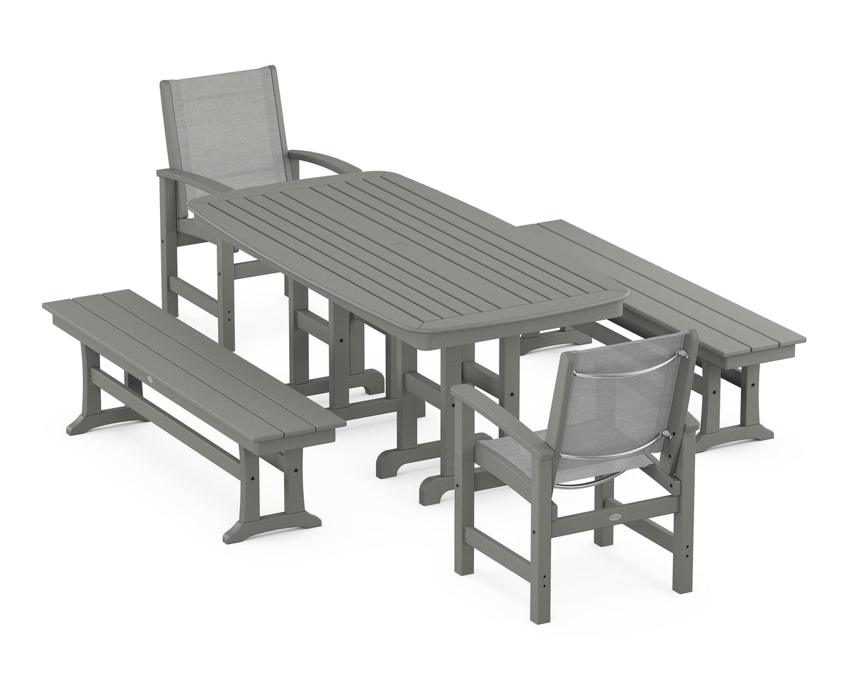 POLYWOOD Coastal 5-Piece Dining Set with Nautical 37" x 72" Dining Table in Slate Grey / Metallic