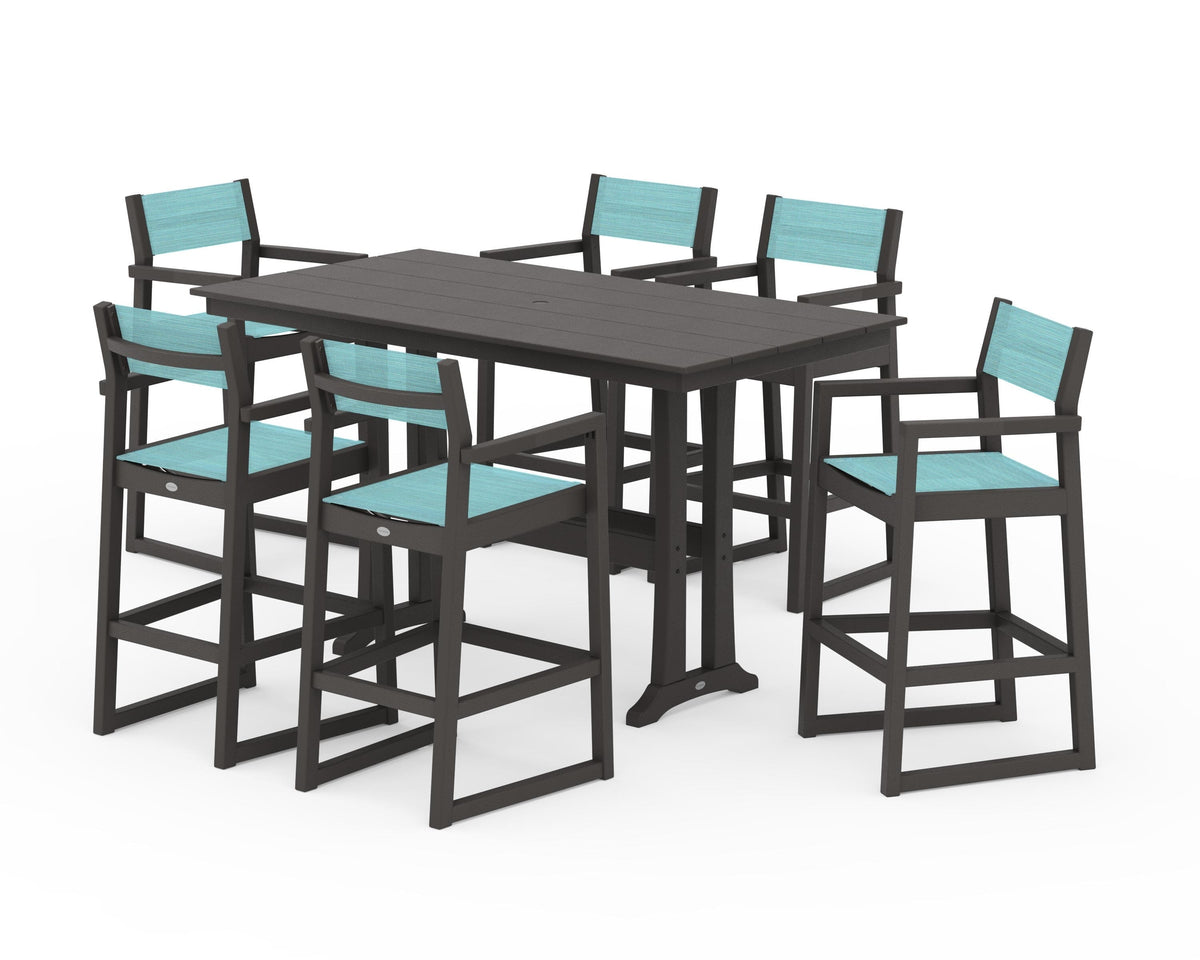 POLYWOOD EDGE Sling Arm Chair 7-Piece Farmhouse Bar Set with Trestle Legs in Vintage Coffee / Dupioni Aquamarine