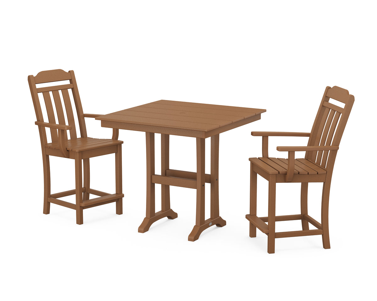 POLYWOOD Country Living Cottage 3-Piece Farmhouse Counter Set with Trestle Legs in Teak