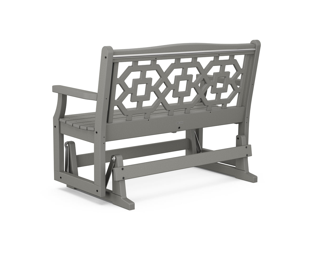 Angled view of the POLYWOOD Chinoiserie 48" Glider in Slate Grey