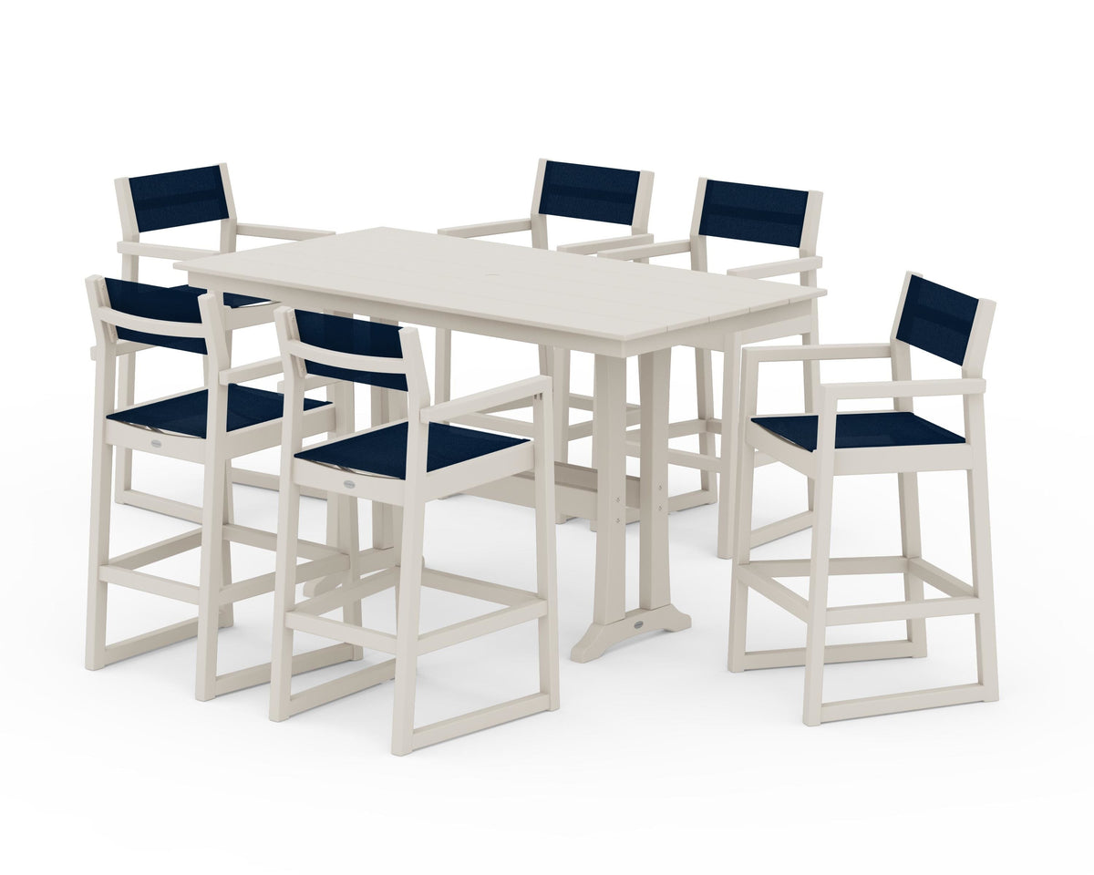 POLYWOOD EDGE Sling Arm Chair 7-Piece Farmhouse Bar Set with Trestle Legs in Sand / Navy Blue